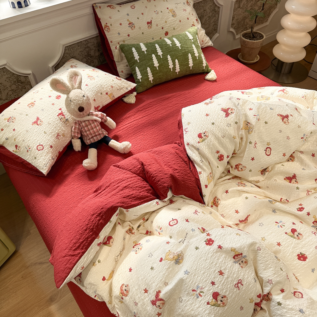 91家纺网 家纺一手货源 找家纺 水墨江南 2026直播热款泡芙棉双层纱四件套 快乐星星