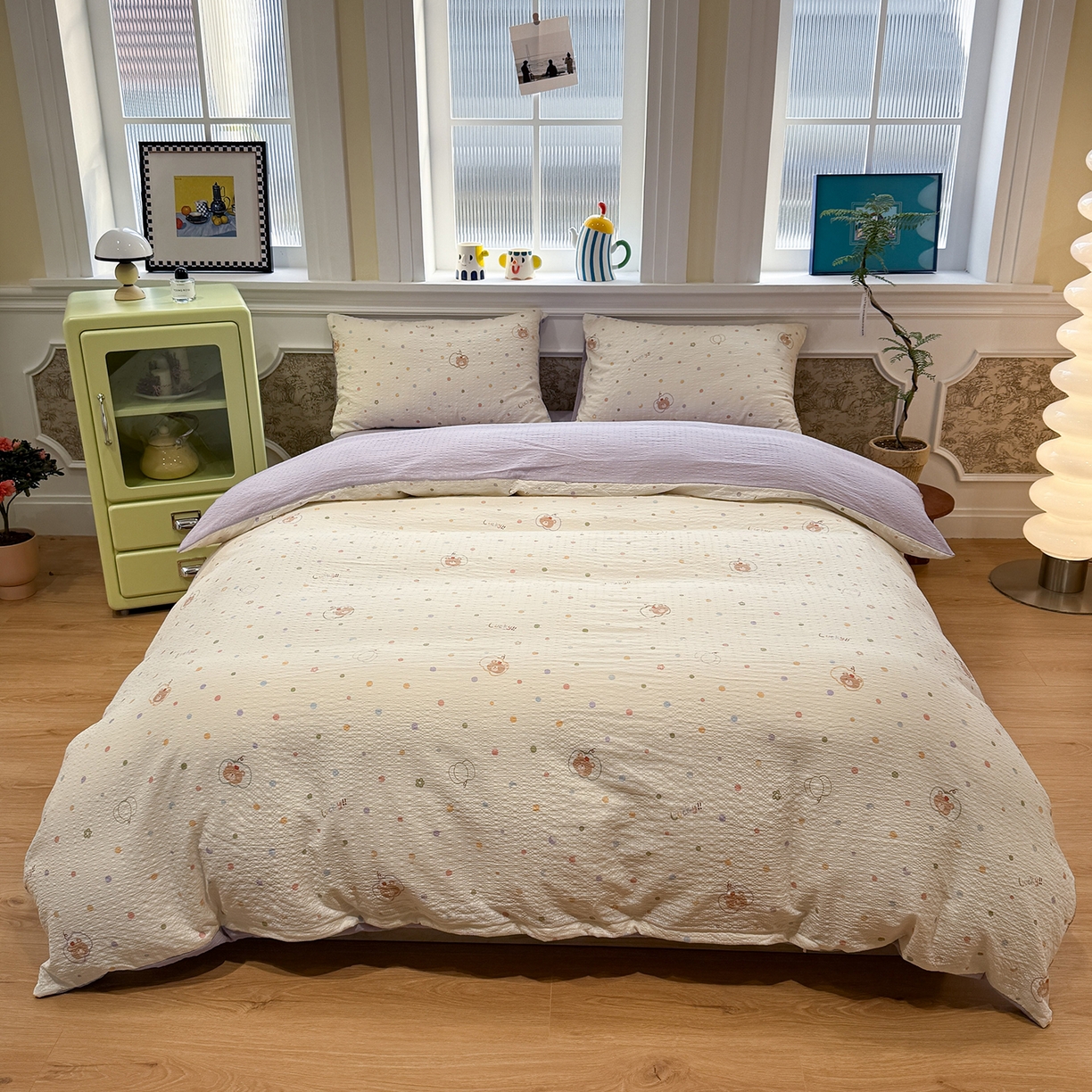 91家纺网 家纺一手货源 找家纺 水墨江南 2026直播热款泡芙棉双层纱四件套 小熊啵啵