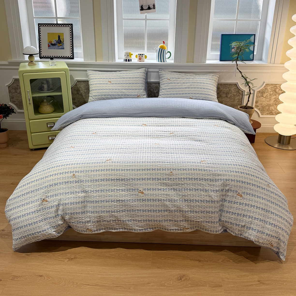 91家纺网 家纺一手货源 找家纺 水墨江南 2026直播热款泡芙棉双层纱四件套 泡芙小狗