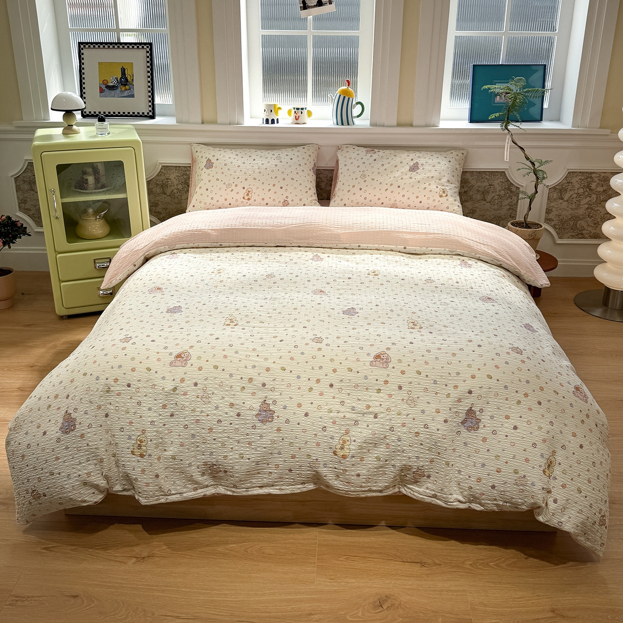 91家纺网 家纺一手货源 找家纺 水墨江南 2026直播热款泡芙棉双层纱四件套 甜心伙伴