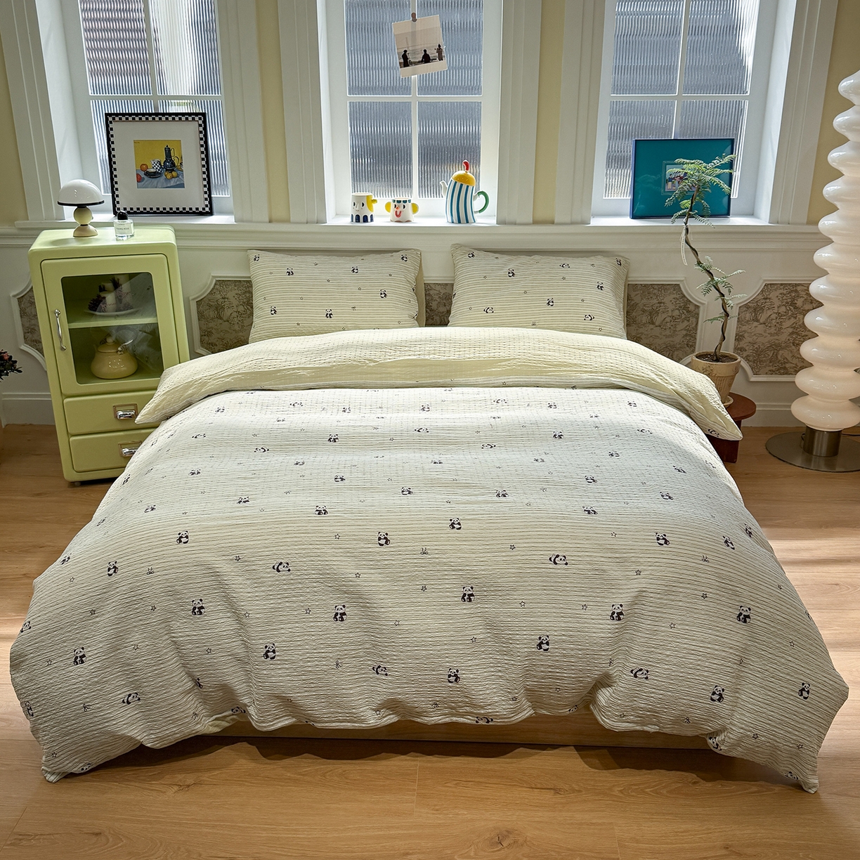 91家纺网 家纺一手货源 找家纺 水墨江南 2026直播热款泡芙棉双层纱四件套 可爱熊猫