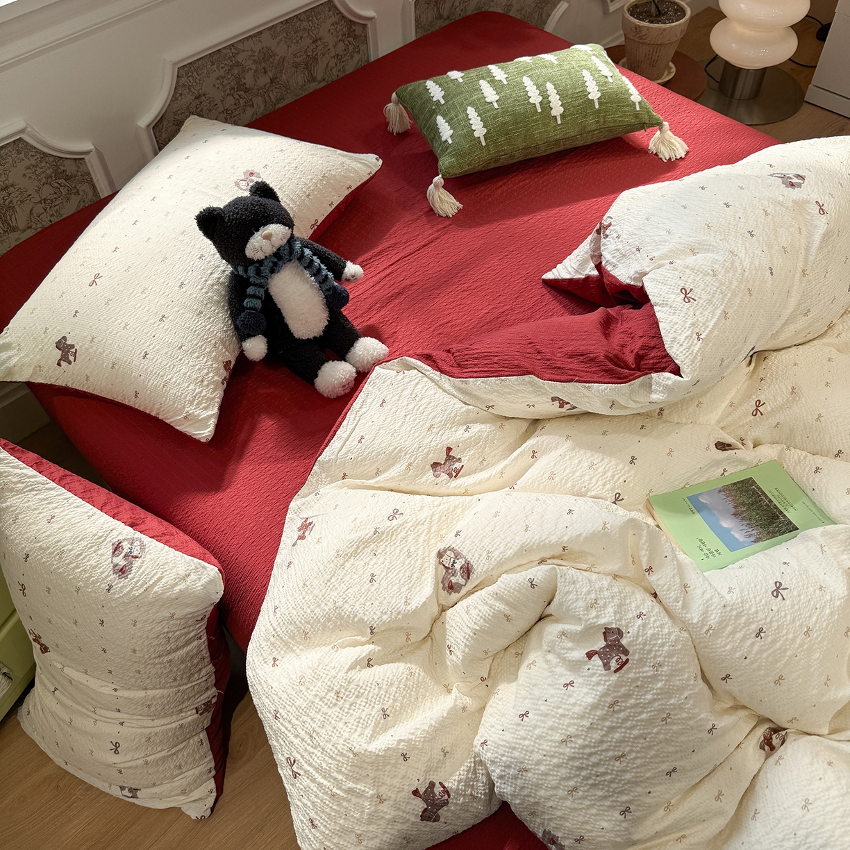 91家纺网 家纺一手货源 找家纺 水墨江南 2026直播热款泡芙棉双层纱四件套 木马甜心