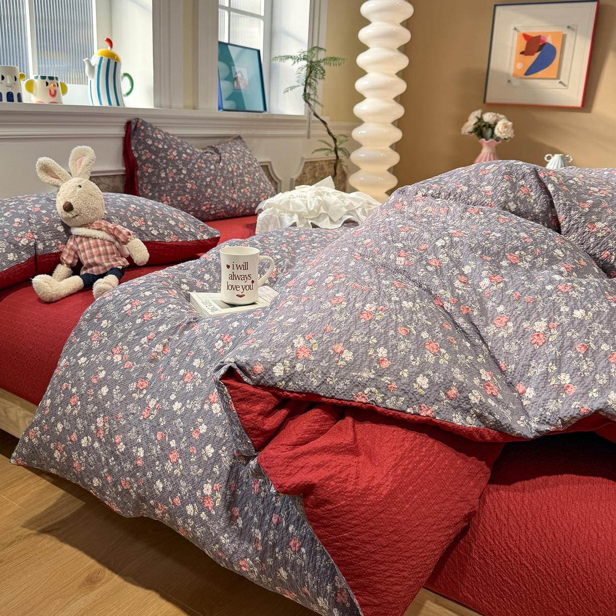 91家纺网 家纺一手货源 找家纺 水墨江南 2026直播热款泡芙棉双层纱四件套 花季