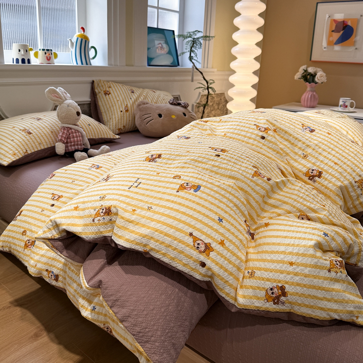 91家纺网 家纺一手货源 找家纺 水墨江南 2026直播热款泡芙棉双层纱四件套 可爱小星星