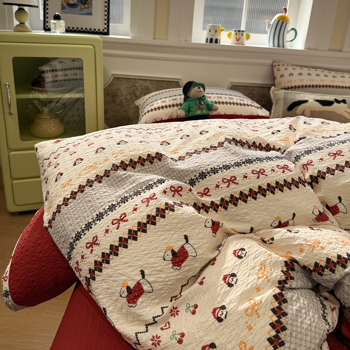 91家纺网 家纺一手货源 找家纺 水墨江南 2026直播热款泡芙棉双层纱四件套 小狗日记