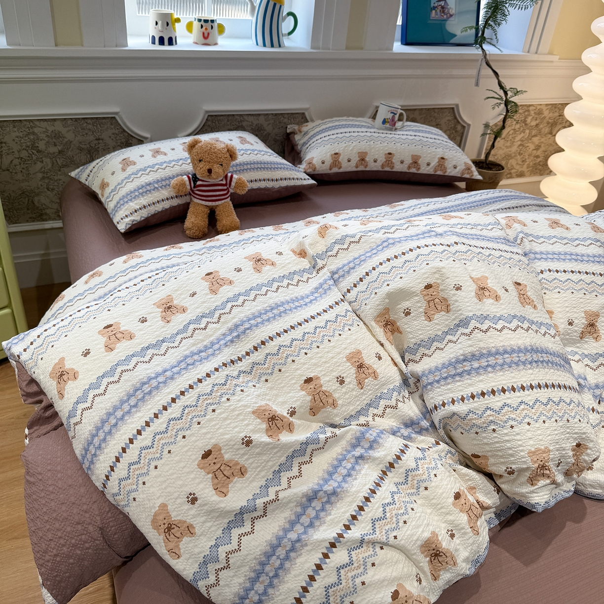 91家纺网 家纺一手货源 找家纺 水墨江南 2026直播热款泡芙棉双层纱四件套 费尔岛小熊