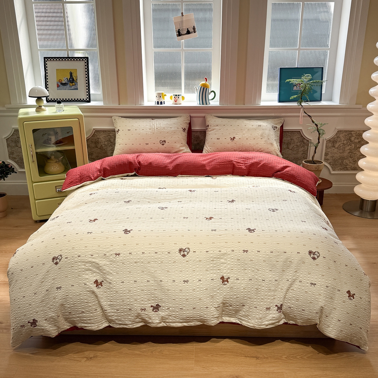 91家纺网 家纺一手货源 找家纺 水墨江南 2026直播热款泡芙棉双层纱四件套 木马甜心