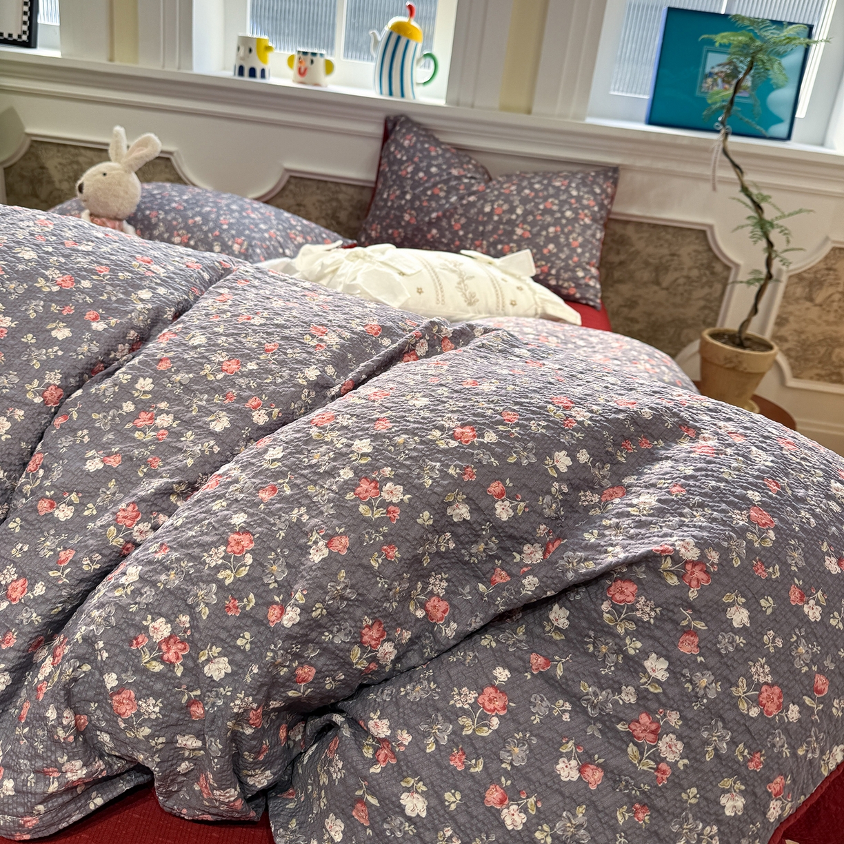 91家纺网 家纺一手货源 找家纺 水墨江南 2026直播热款泡芙棉双层纱四件套 花季