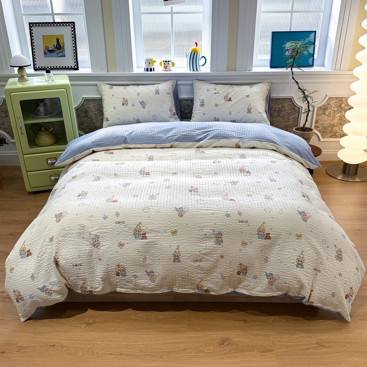 91家纺网 家纺一手货源 找家纺 水墨江南 2026直播热款泡芙棉双层纱四件套 可爱星仔