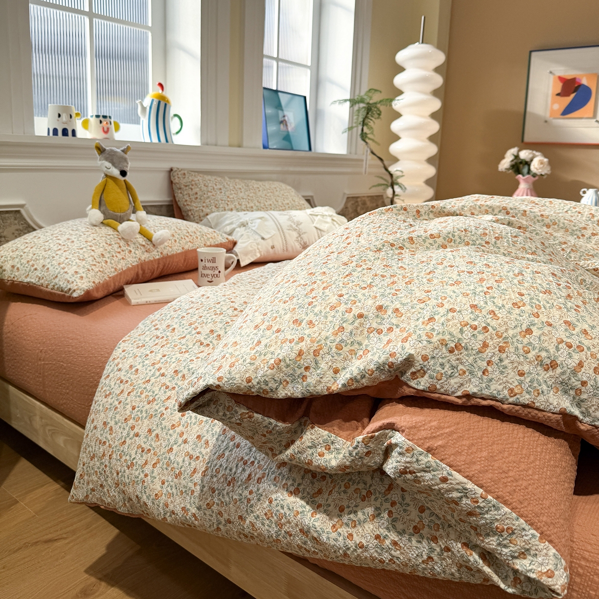 91家纺网 家纺一手货源 找家纺 水墨江南 2026直播热款泡芙棉双层纱四件套 甜果果