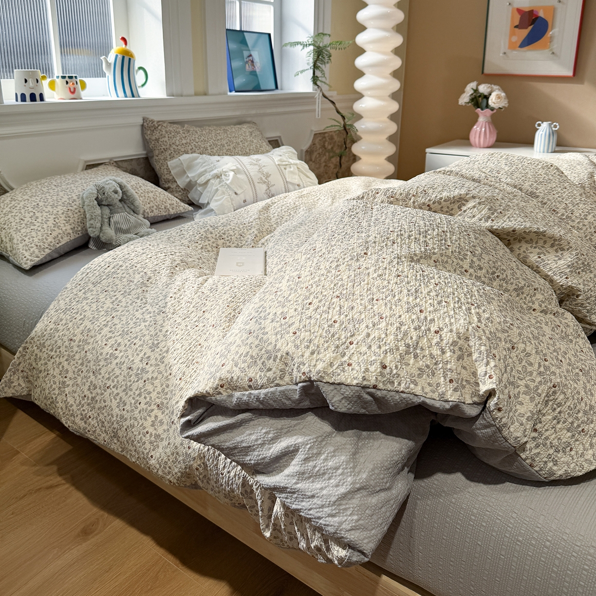 91家纺网 家纺一手货源 找家纺 水墨江南 2026直播热款泡芙棉双层纱四件套 知秋