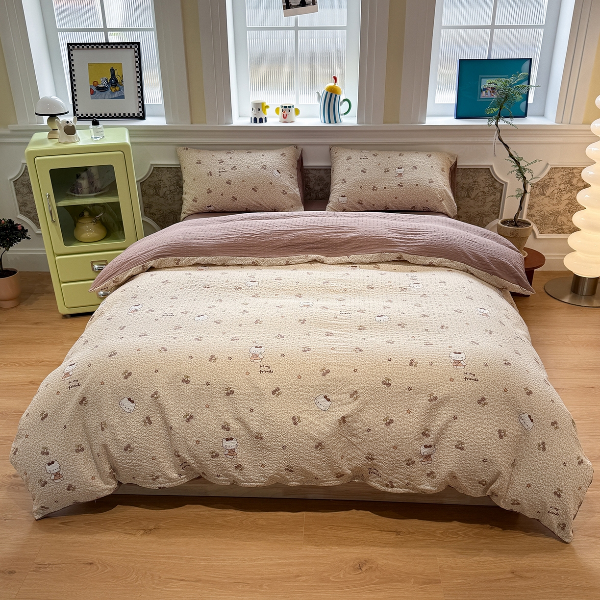 91家纺网 家纺一手货源 找家纺 水墨江南 2026直播热款泡芙棉双层纱四件套 咖色小猫