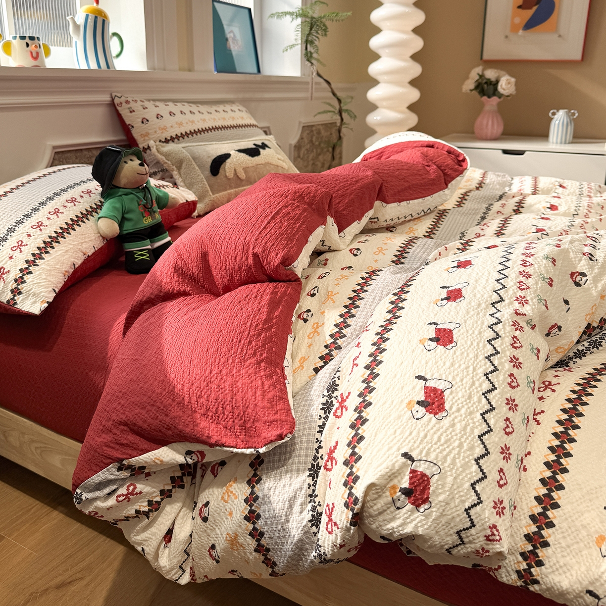 91家纺网 家纺一手货源 找家纺 水墨江南 2026直播热款泡芙棉双层纱四件套 小狗日记