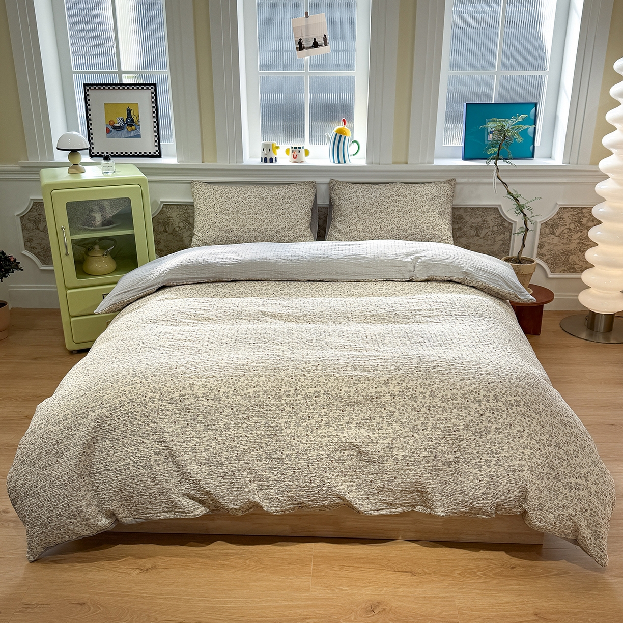 91家纺网 家纺一手货源 找家纺 水墨江南 2026直播热款泡芙棉双层纱四件套 知秋