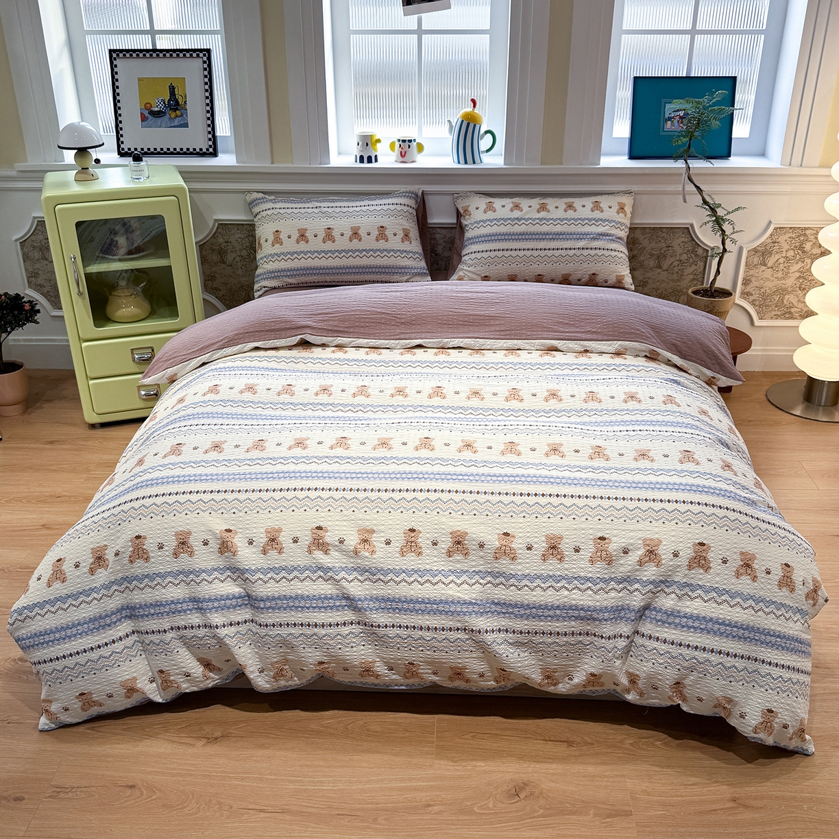 91家纺网 家纺一手货源 找家纺 水墨江南 2026直播热款泡芙棉双层纱四件套 费尔岛小熊