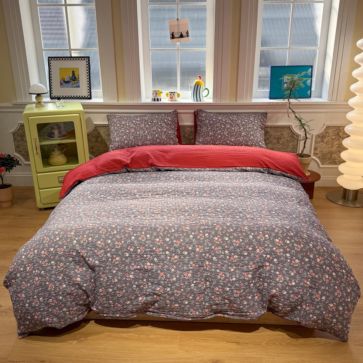 水墨江南 2026直播热款泡芙棉双层纱四件套 花季