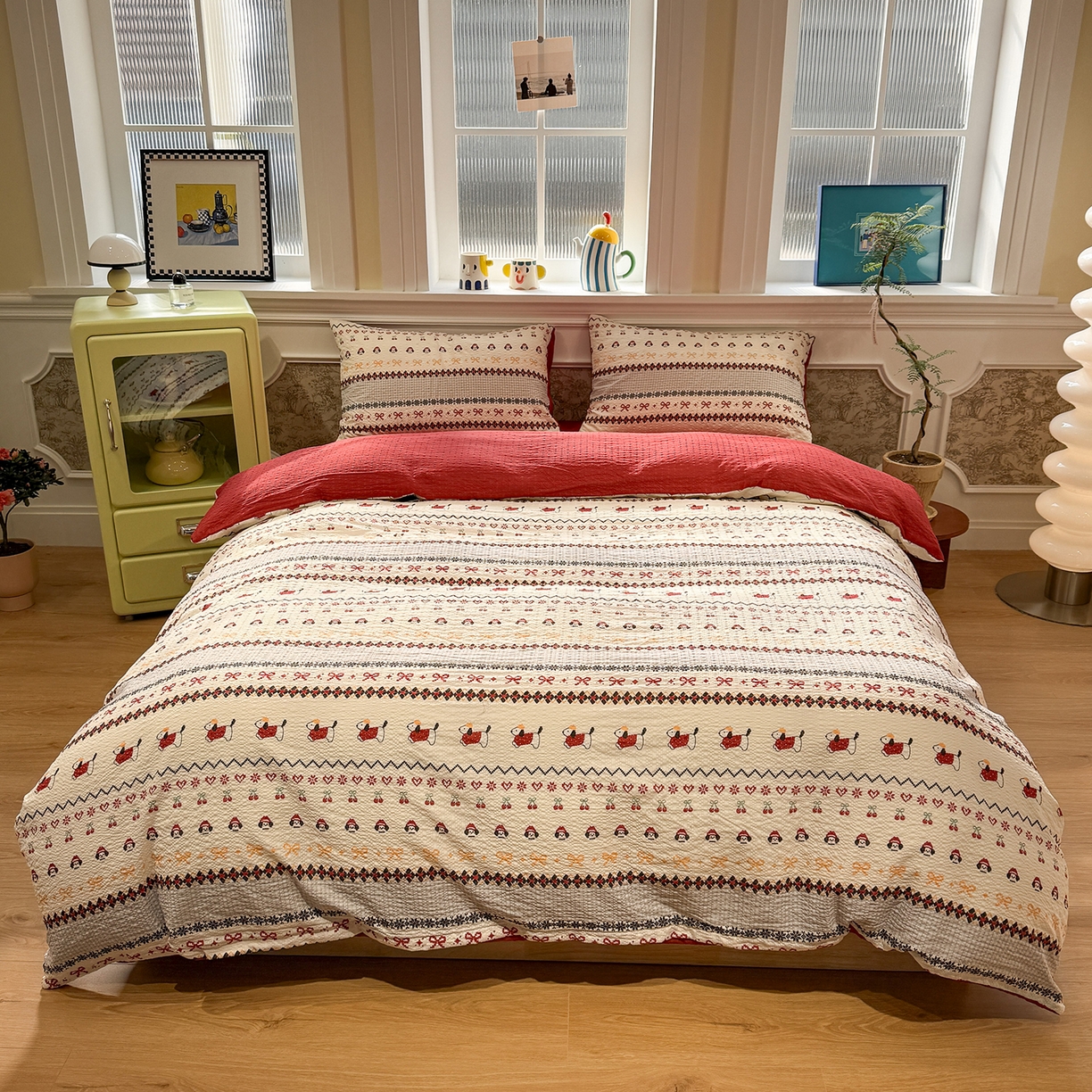 91家纺网 家纺一手货源 找家纺 水墨江南 2026直播热款泡芙棉双层纱四件套 小狗日记