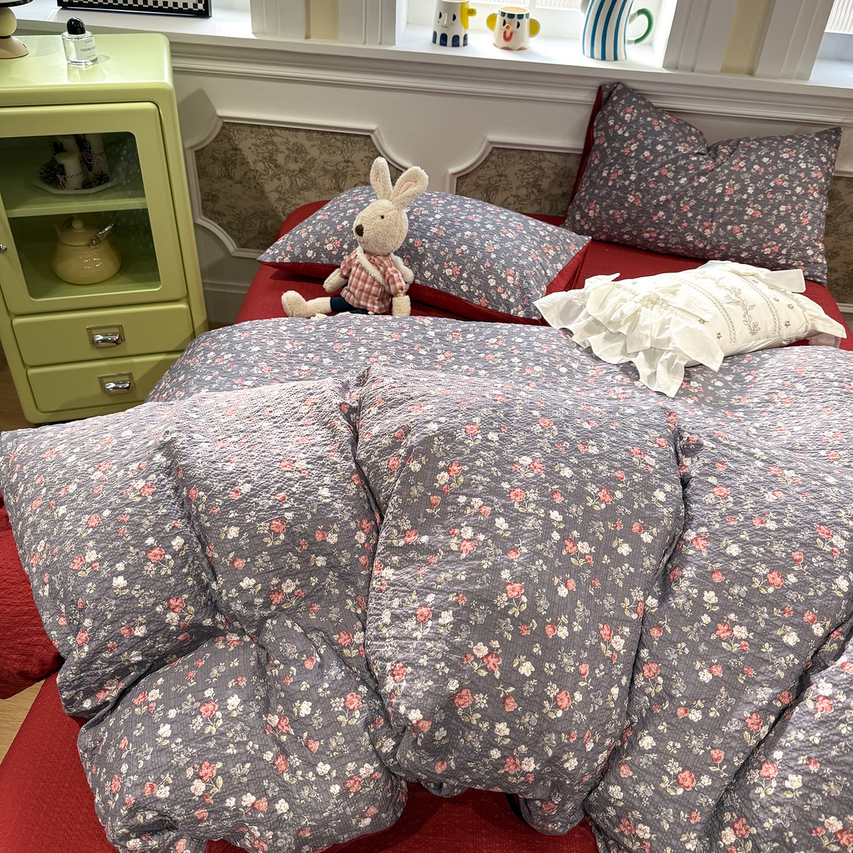 91家纺网 家纺一手货源 找家纺 水墨江南 2026直播热款泡芙棉双层纱四件套 花季