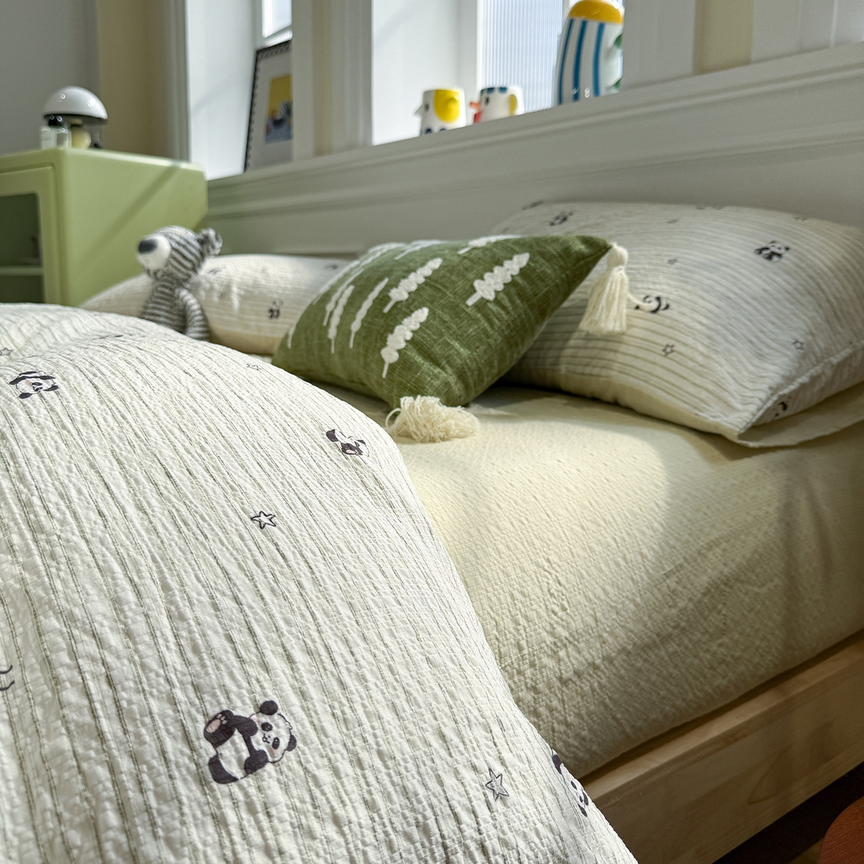 91家纺网 家纺一手货源 找家纺 水墨江南 2026直播热款泡芙棉双层纱四件套 可爱熊猫