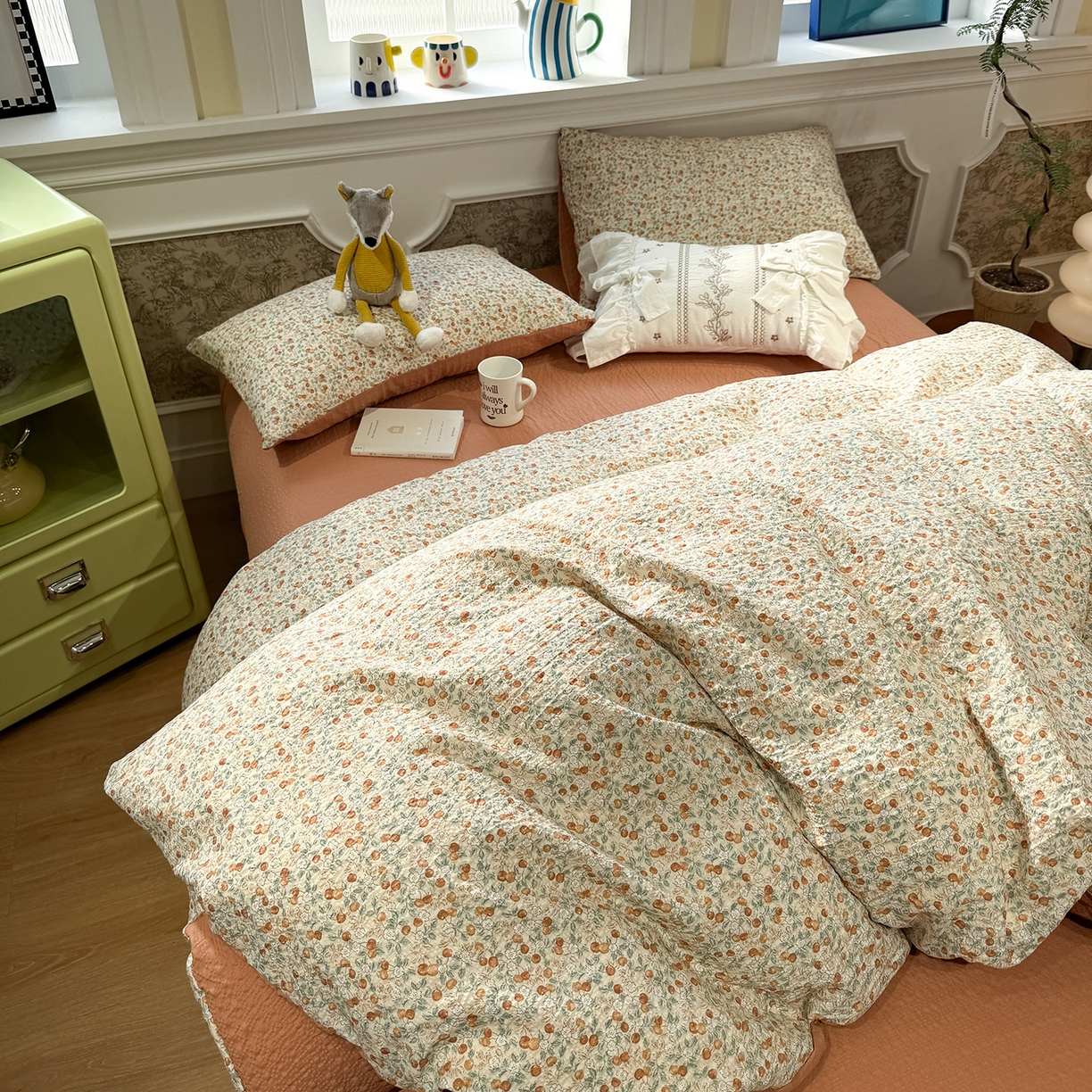 91家纺网 家纺一手货源 找家纺 水墨江南 2026直播热款泡芙棉双层纱四件套 甜果果