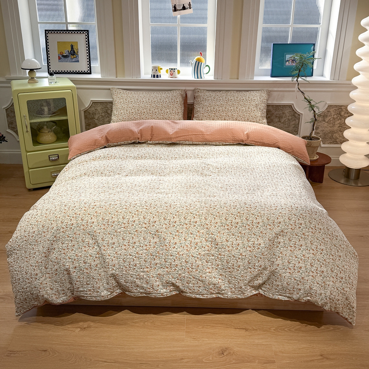 91家纺网 家纺一手货源 找家纺 水墨江南 2026直播热款泡芙棉双层纱四件套 甜果果