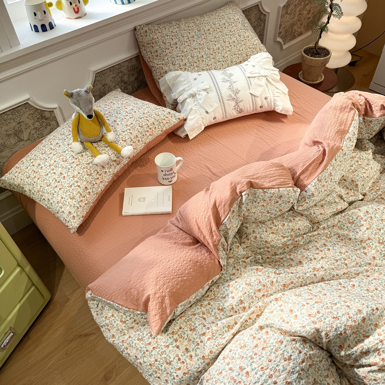 91家纺网 家纺一手货源 找家纺 水墨江南 2026直播热款泡芙棉双层纱四件套 甜果果