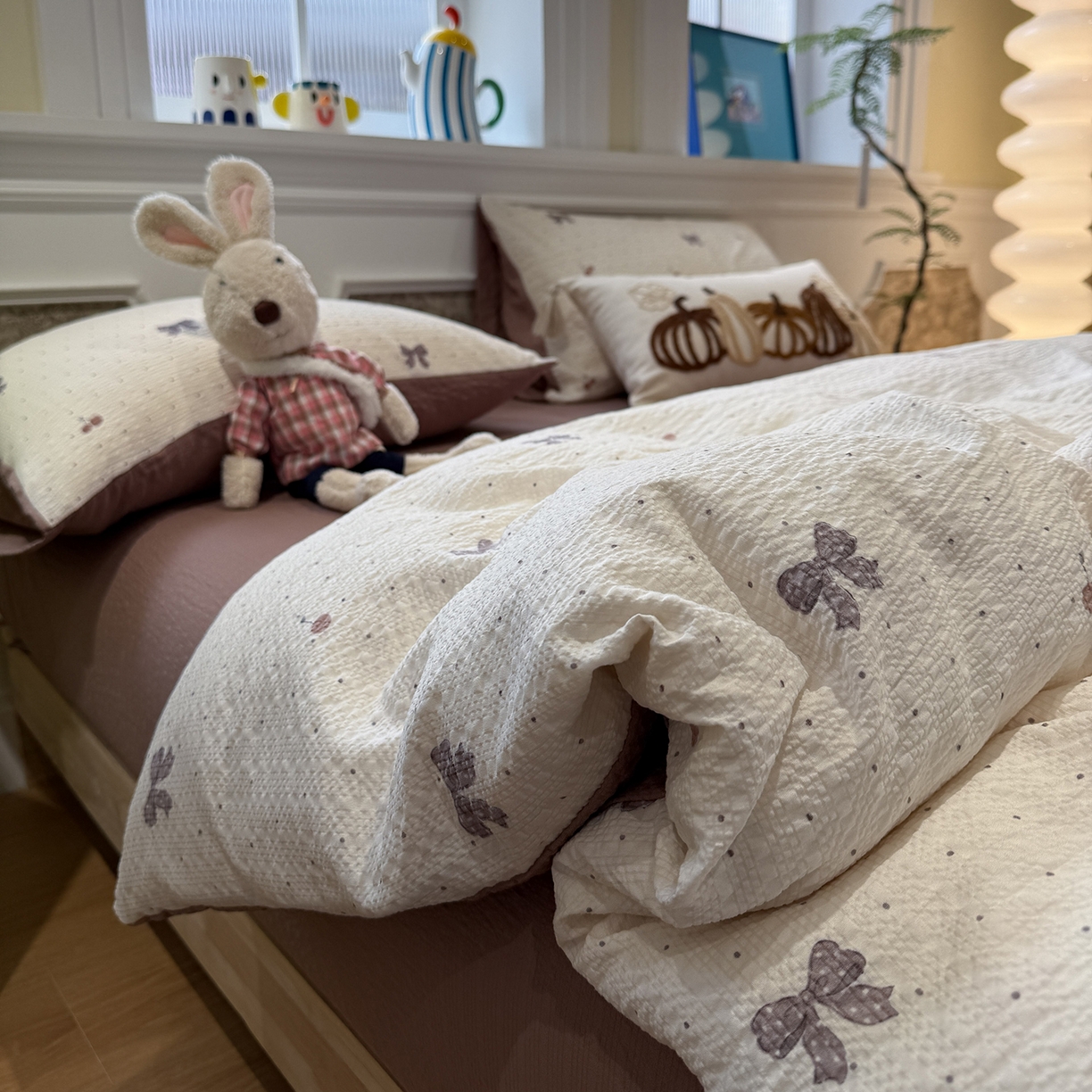 91家纺网 家纺一手货源 找家纺 水墨江南 2026直播热款泡芙棉双层纱四件套 蝴蝶结果果