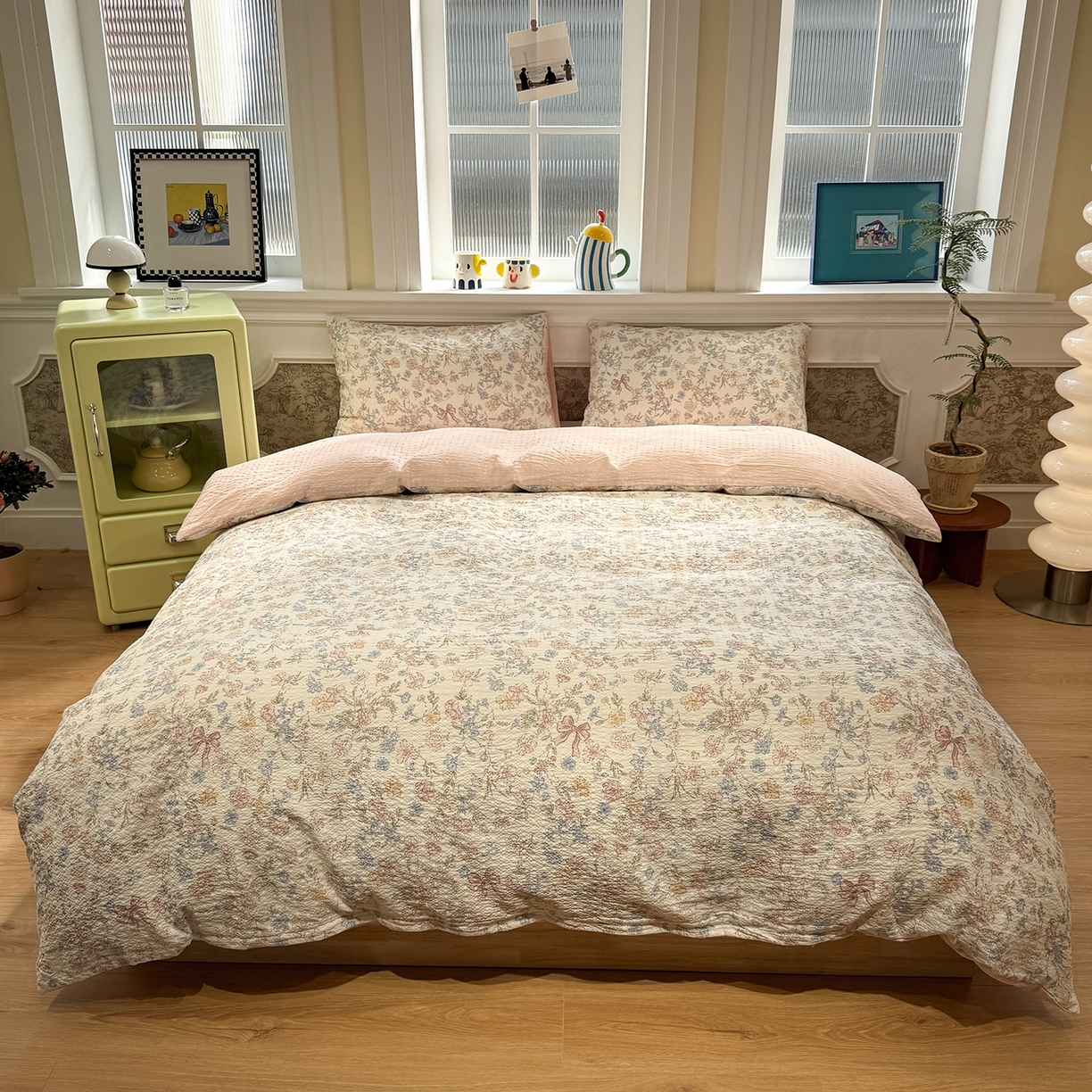 91家纺网 家纺一手货源 找家纺 水墨江南 2026直播热款泡芙棉双层纱四件套 粉黛佳人