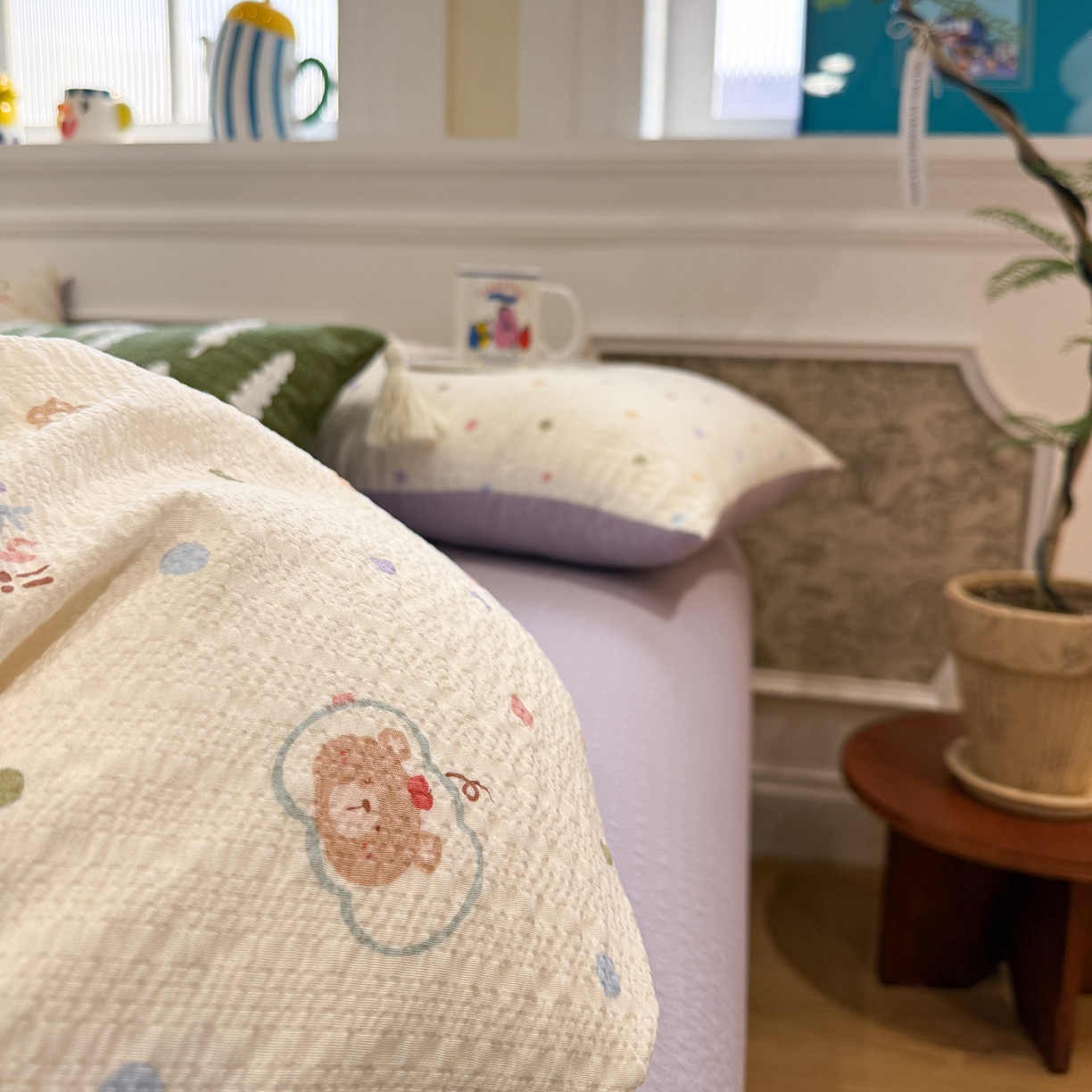 91家纺网 家纺一手货源 找家纺 水墨江南 2026直播热款泡芙棉双层纱四件套 小熊啵啵