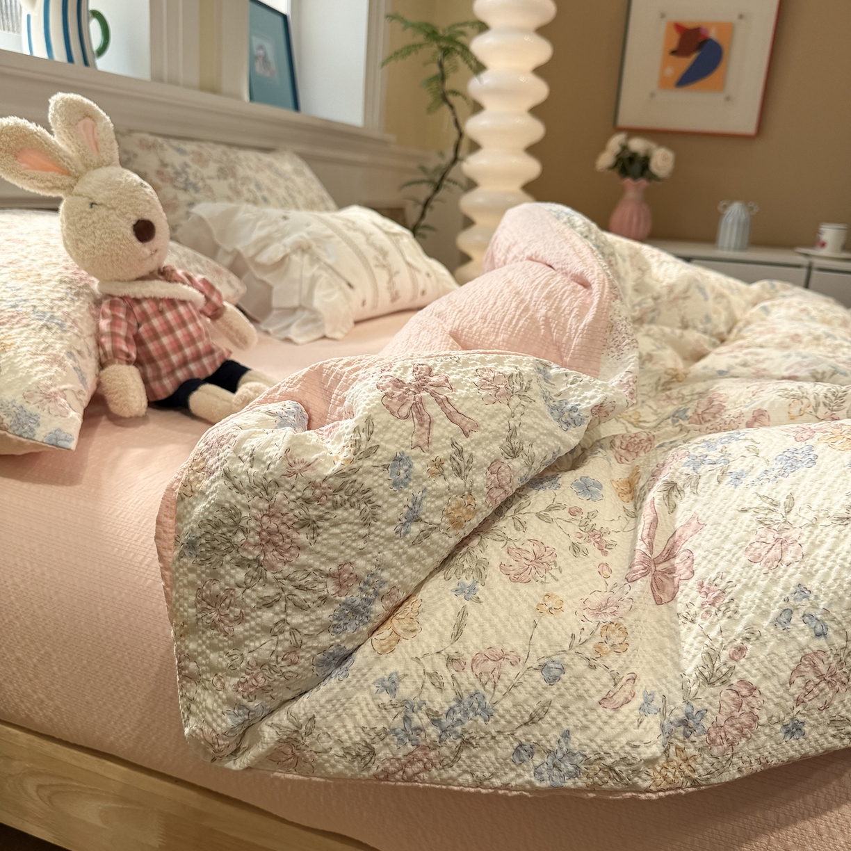 91家纺网 家纺一手货源 找家纺 水墨江南 2026直播热款泡芙棉双层纱四件套 粉黛佳人