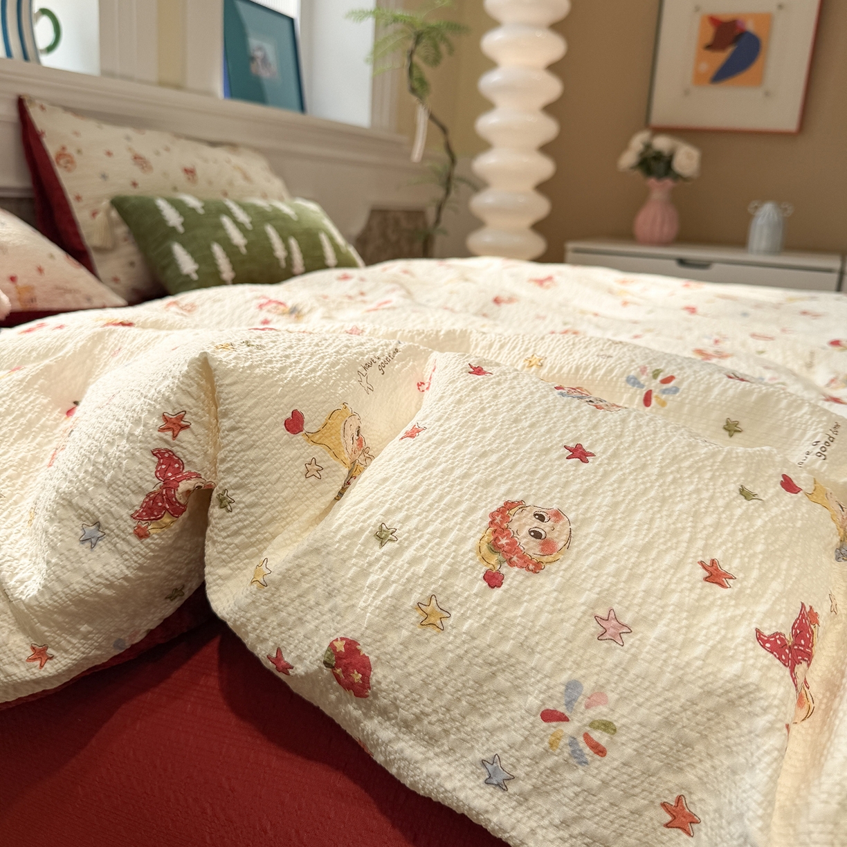 91家纺网 家纺一手货源 找家纺 水墨江南 2026直播热款泡芙棉双层纱四件套 快乐星星