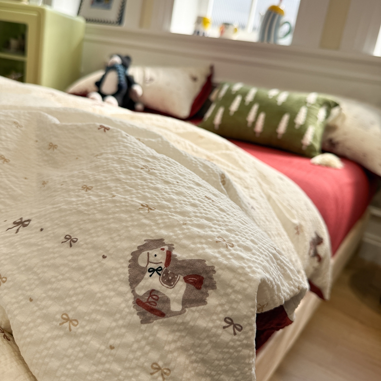 91家纺网 家纺一手货源 找家纺 水墨江南 2026直播热款泡芙棉双层纱四件套 木马甜心