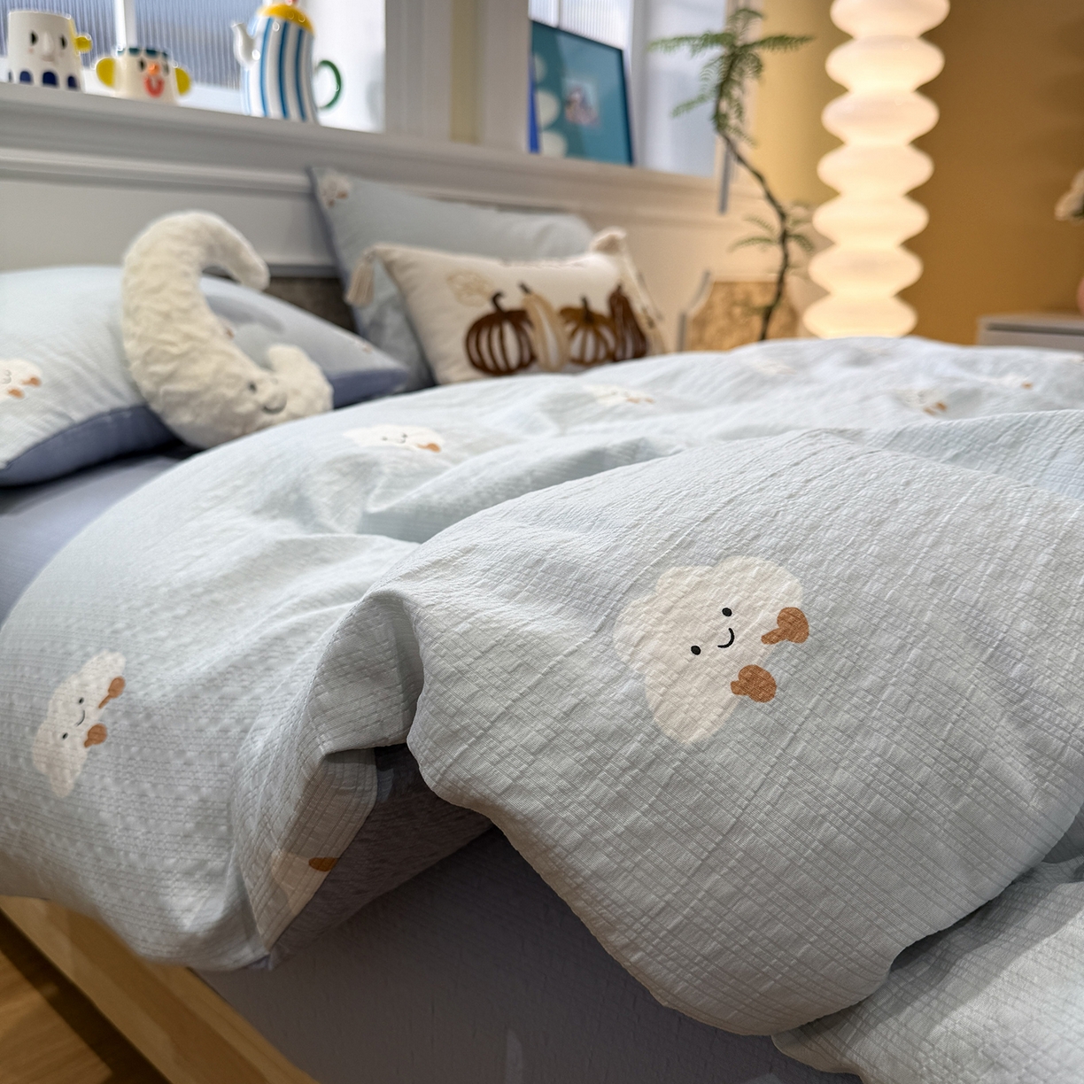 91家纺网 家纺一手货源 找家纺 水墨江南 2026直播热款泡芙棉双层纱四件套 可爱云朵