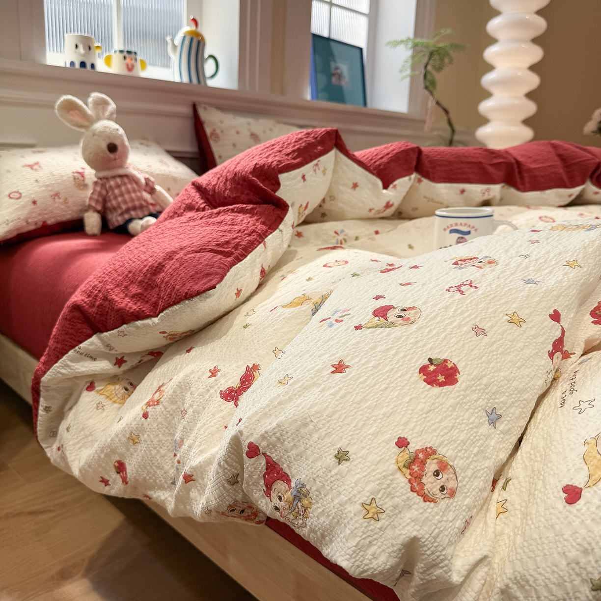 91家纺网 家纺一手货源 找家纺 水墨江南 2026直播热款泡芙棉双层纱四件套 快乐星星