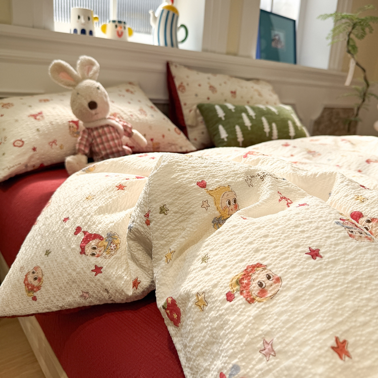 91家纺网 家纺一手货源 找家纺 水墨江南 2026直播热款泡芙棉双层纱四件套 快乐星星