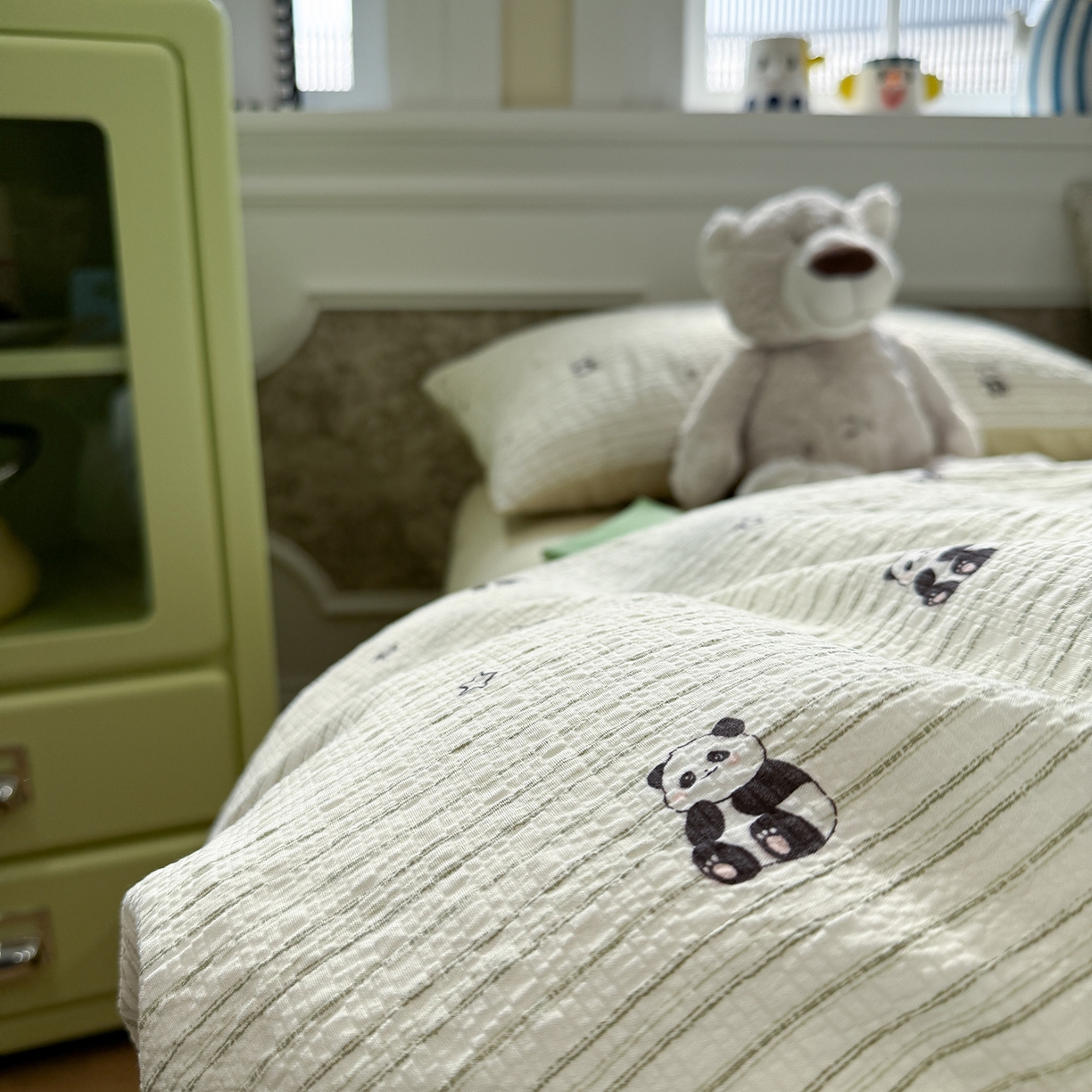 91家纺网 家纺一手货源 找家纺 水墨江南 2026直播热款泡芙棉双层纱四件套 可爱熊猫