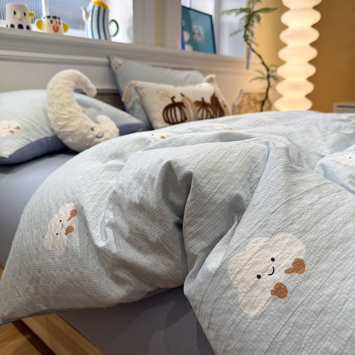 91家纺网 家纺一手货源 找家纺 水墨江南 2026直播热款泡芙棉双层纱四件套 可爱云朵