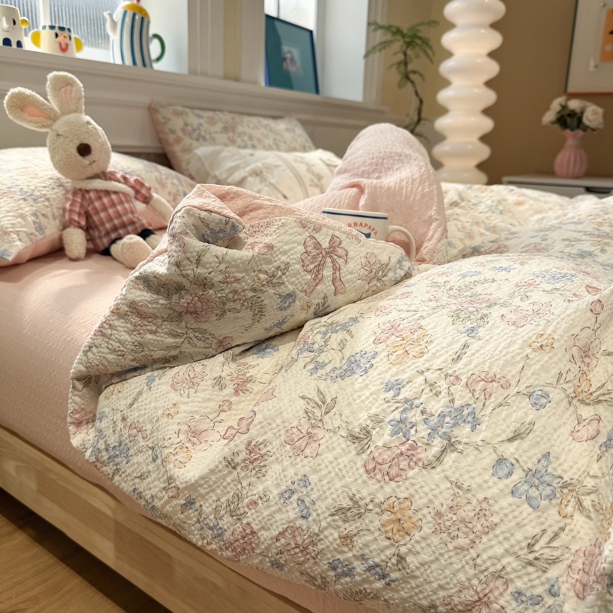 91家纺网 家纺一手货源 找家纺 水墨江南 2026直播热款泡芙棉双层纱四件套 粉黛佳人