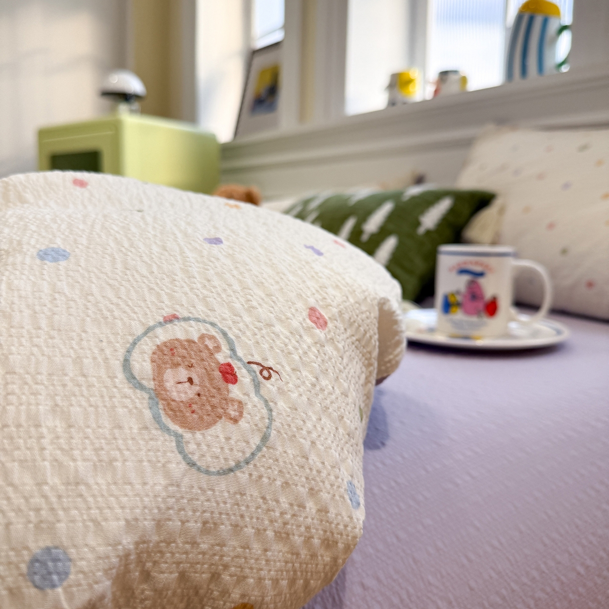 91家纺网 家纺一手货源 找家纺 水墨江南 2026直播热款泡芙棉双层纱四件套 小熊啵啵