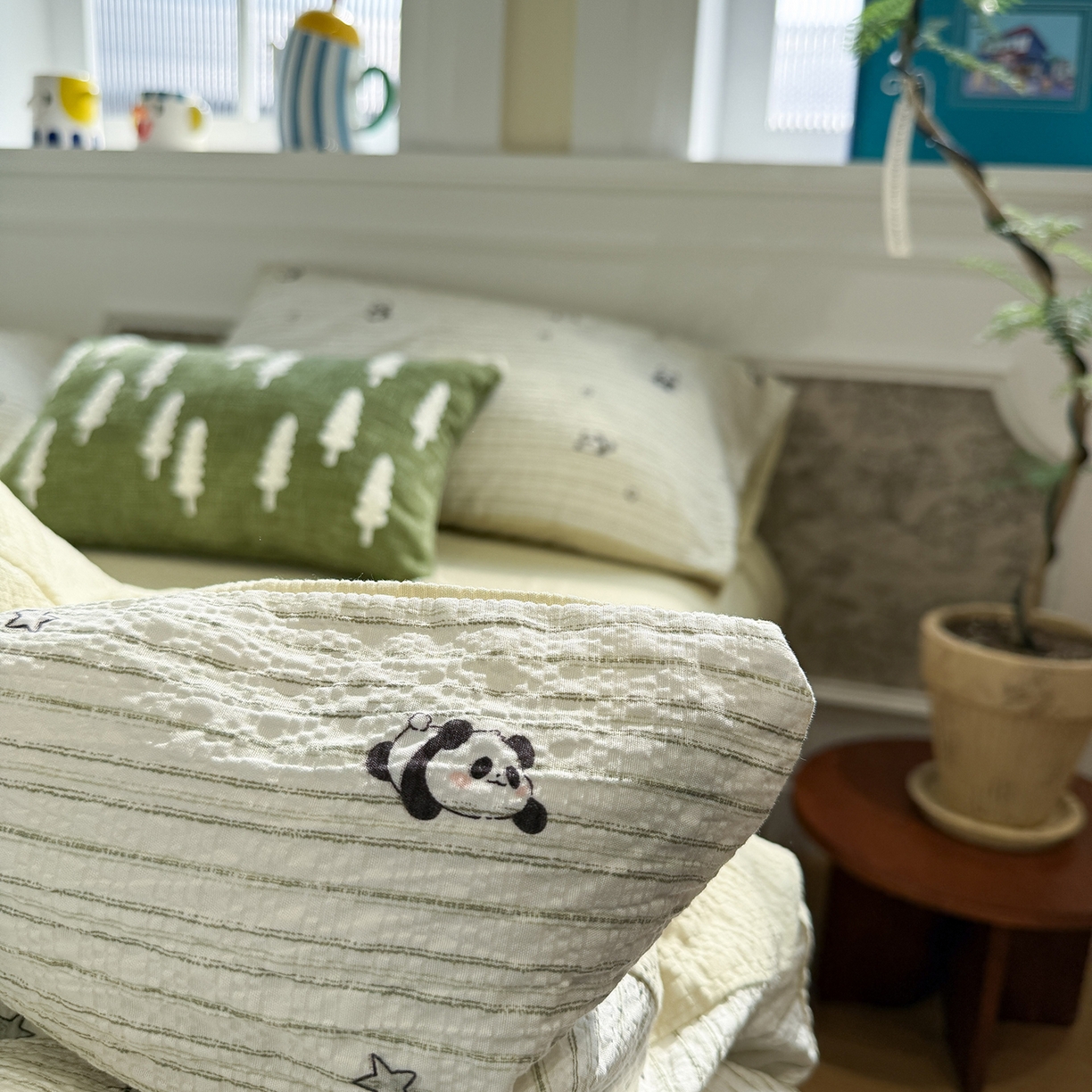 91家纺网 家纺一手货源 找家纺 水墨江南 2026直播热款泡芙棉双层纱四件套 可爱熊猫