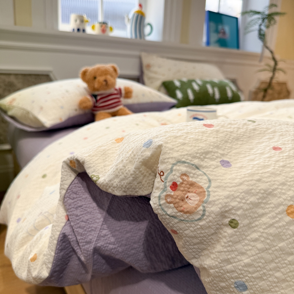 91家纺网 家纺一手货源 找家纺 水墨江南 2026直播热款泡芙棉双层纱四件套 小熊啵啵