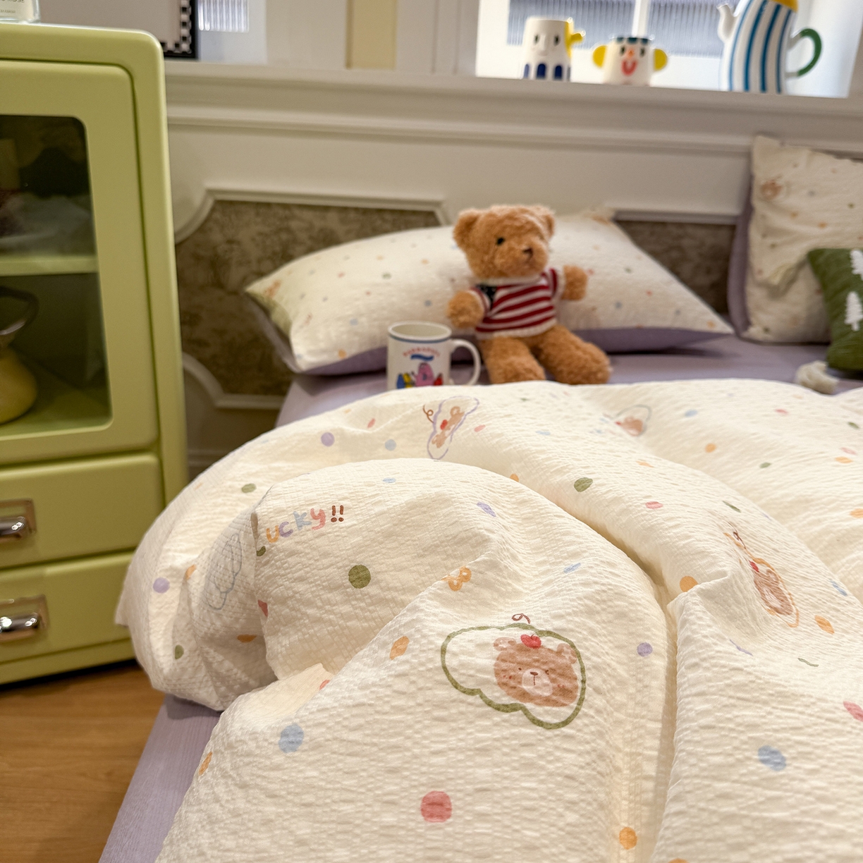 91家纺网 家纺一手货源 找家纺 水墨江南 2026直播热款泡芙棉双层纱四件套 小熊啵啵