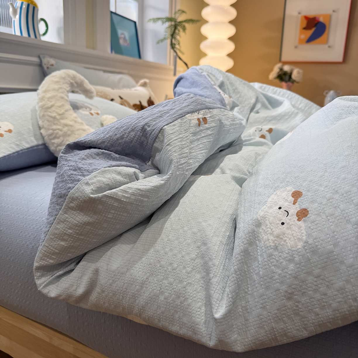 91家纺网 家纺一手货源 找家纺 水墨江南 2026直播热款泡芙棉双层纱四件套 可爱云朵