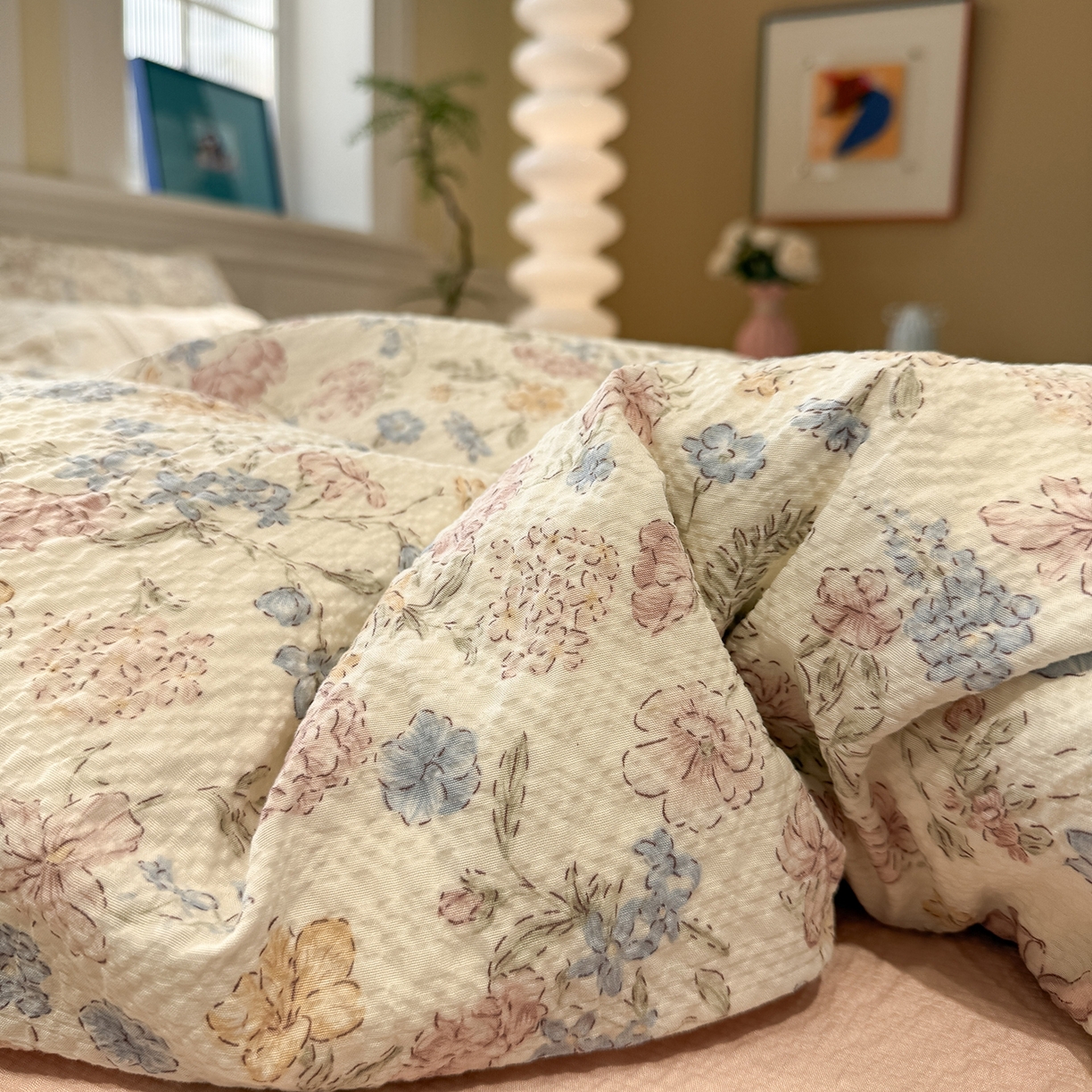 91家纺网 家纺一手货源 找家纺 水墨江南 2026直播热款泡芙棉双层纱四件套 粉黛佳人