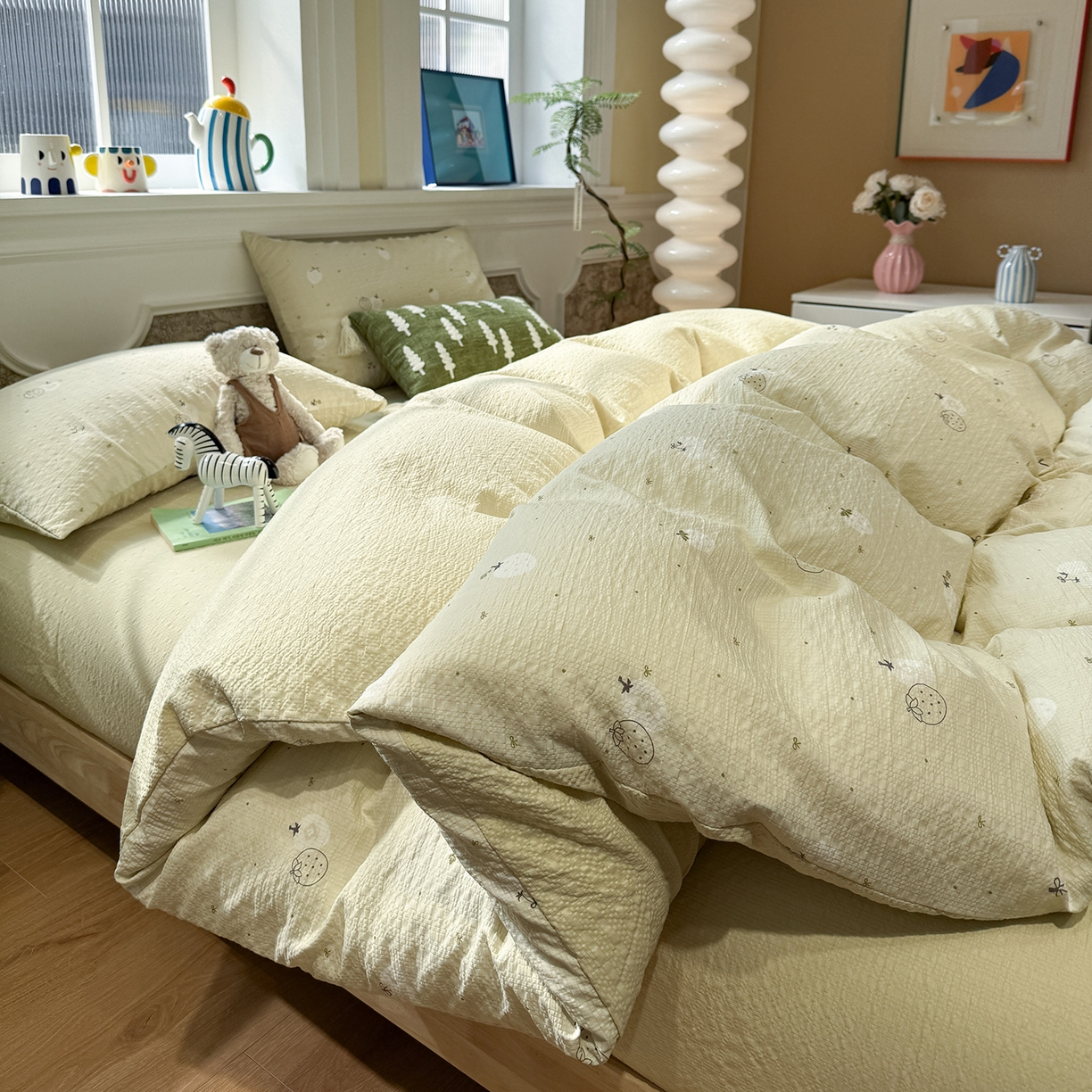 91家纺网 家纺一手货源 找家纺 水墨江南 2026直播热款泡芙棉双层纱四件套 夏日草莓