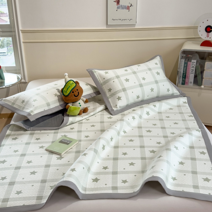 91家纺网 家纺一手货源 找家纺 摩妮卡 2026新款凉感提花冰豆豆复合凉席床席冰丝席三件套 星星点点-绿