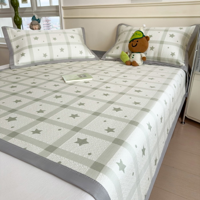 91家纺网 家纺一手货源 找家纺 摩妮卡 2026新款凉感提花冰豆豆复合凉席床席冰丝席三件套 星星点点-绿