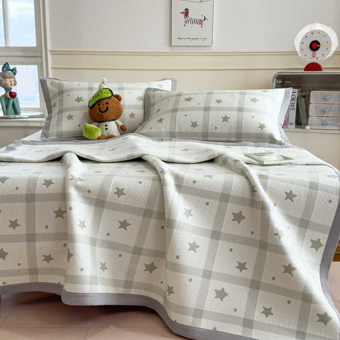 91家纺网 家纺一手货源 找家纺 摩妮卡 2026新款凉感提花冰豆豆复合凉席床席冰丝席三件套 星星点点-绿