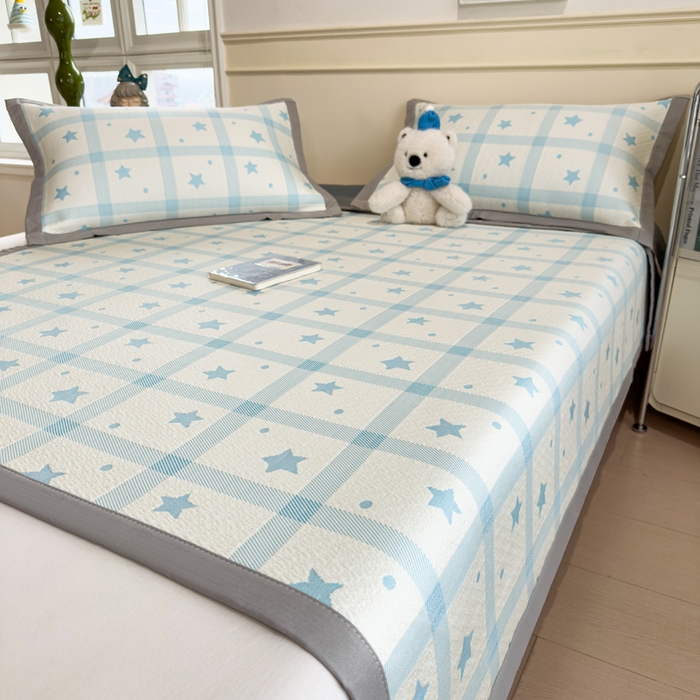 91家纺网 家纺一手货源 找家纺 摩妮卡 2026新款凉感提花冰豆豆复合凉席床席冰丝席三件套 星星点点-蓝