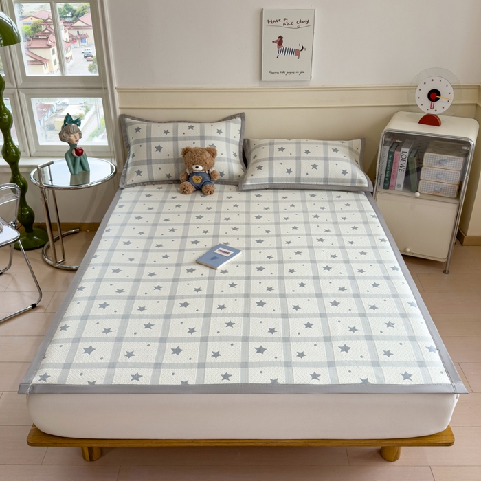 91家纺网 家纺一手货源 找家纺 摩妮卡 2026新款凉感提花冰豆豆复合凉席床席冰丝席三件套 星星点点-灰